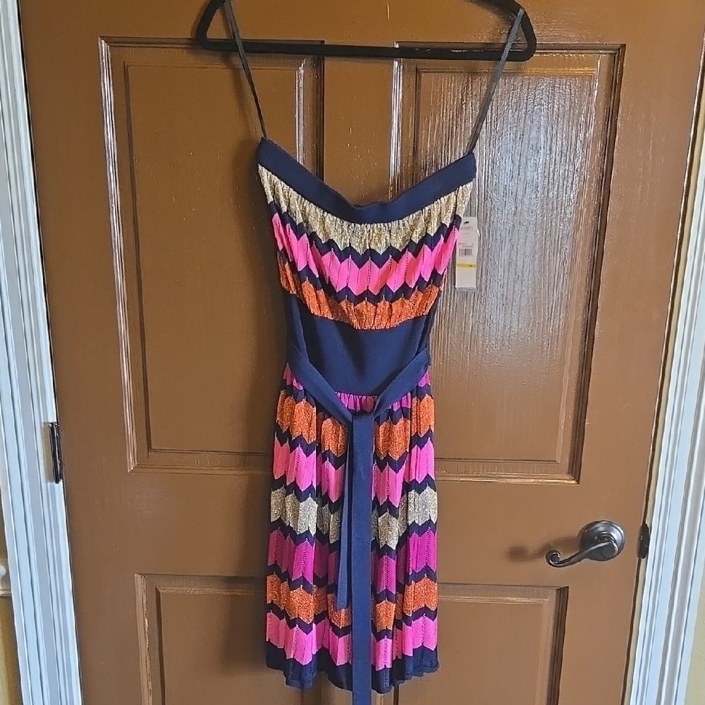 Laundry-Navy multi strapless knit dress Size M. NWT.